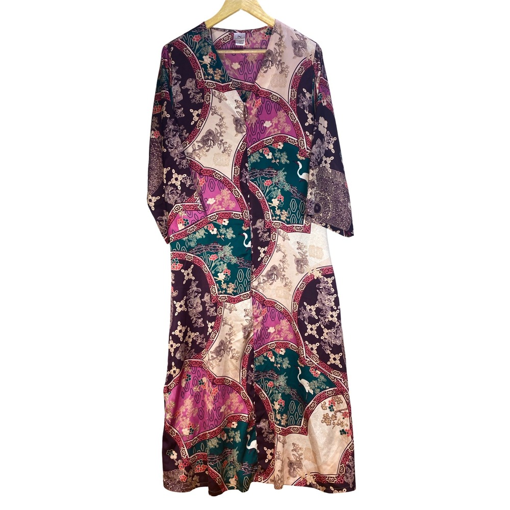 Natori Womens Patchwork Crane Print‎ Midi Robe Kaftan Dress Medium Luxury Silky